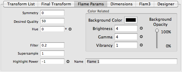 Flame Parameters panel