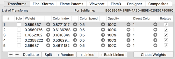 Transform list panel for Sub-flame fractal